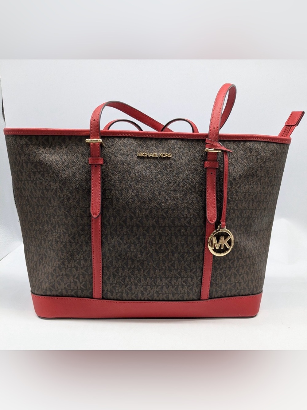 FLASH SALE Michael Kors MK Designer Large Jet Set Brown Red Signature Tote Purse - Picture 2 of 9